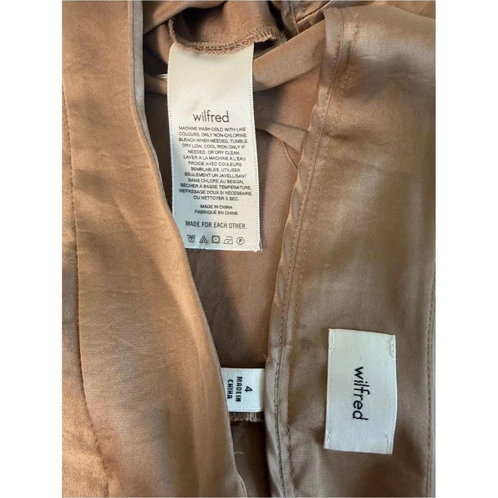 Aritzia Wilfred Arcadia Satin Shorts Size 4 Tan Ruffled Hem High Rise Glossy